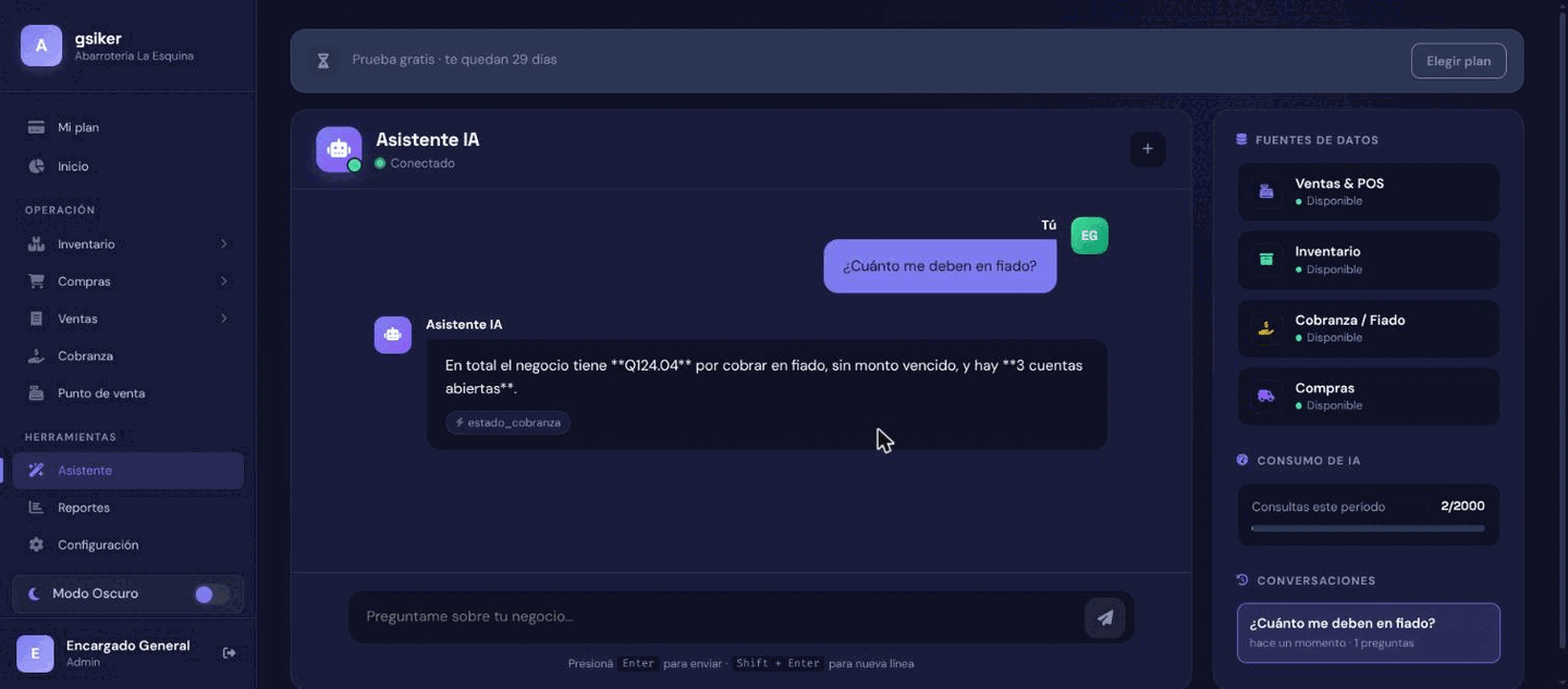 Captura del asistente de gsiker respondiendo cómo van las ventas del día