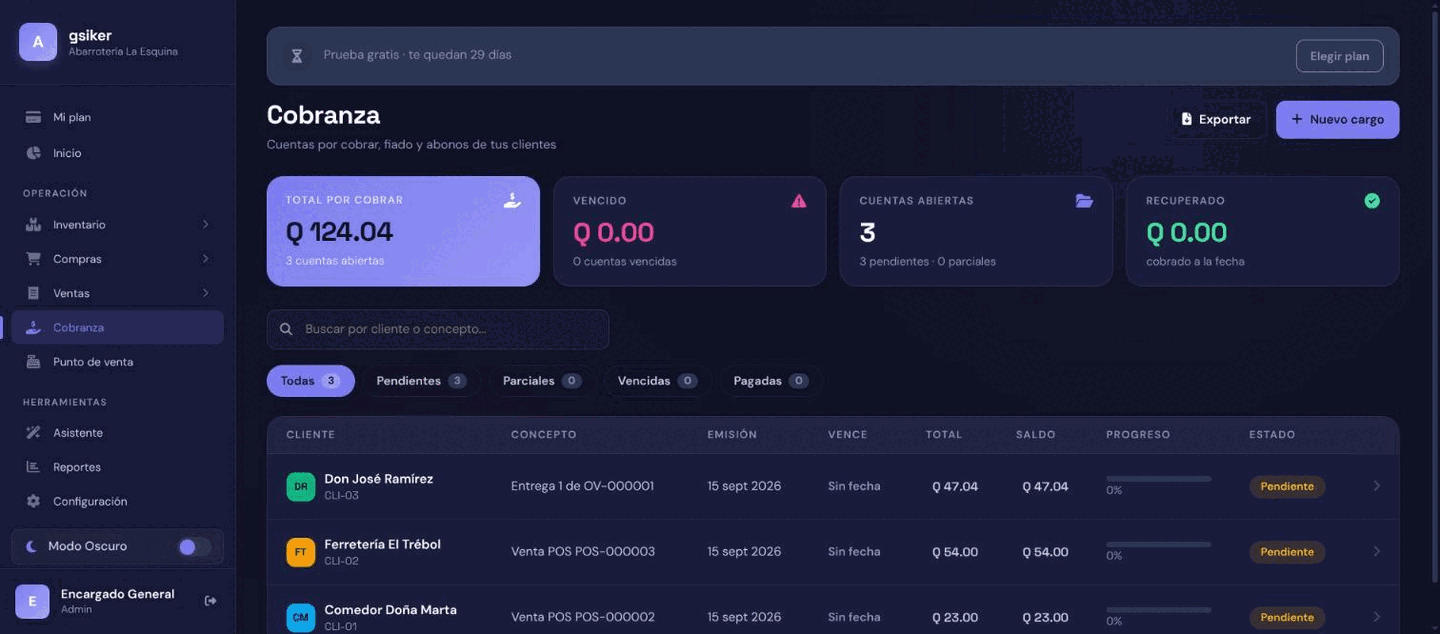 Captura de cobranza de gsiker: cuentas por cobrar por cliente, con total y saldo pendiente