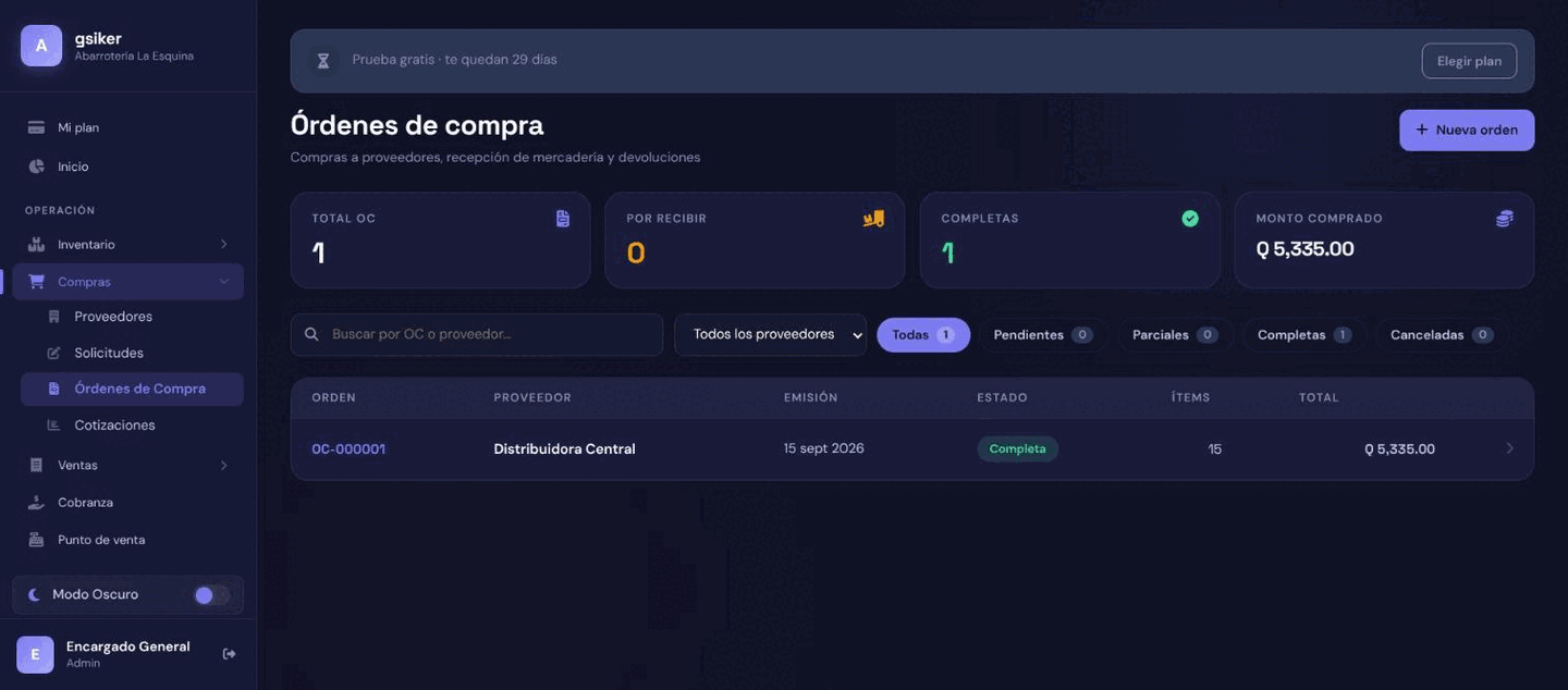 Captura de órdenes de compra de gsiker, con proveedor, estado y total