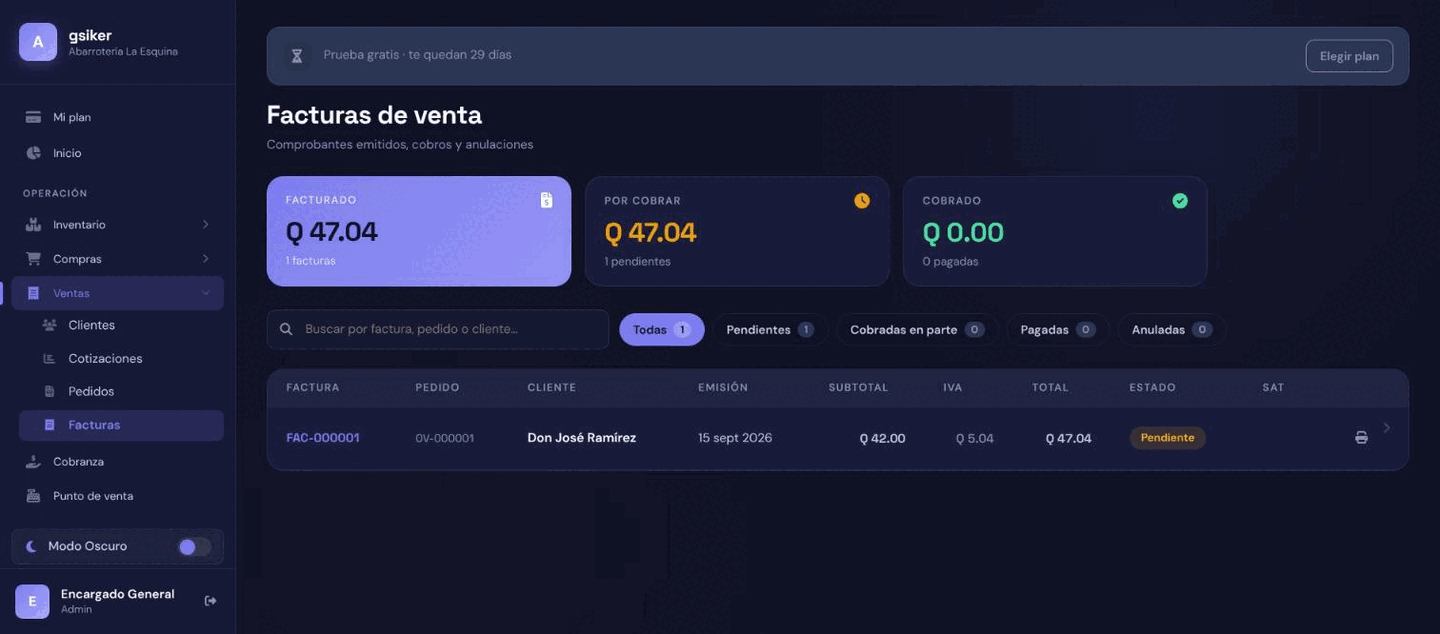 Captura de facturas de gsiker: pedido, cliente, subtotal, IVA y total por cobrar