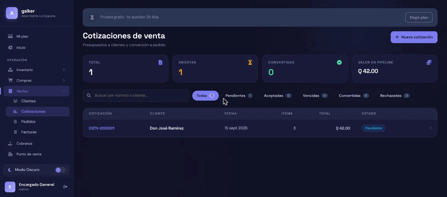 Captura de cotizaciones de venta de gsiker, con cliente, ítems y total en quetzales